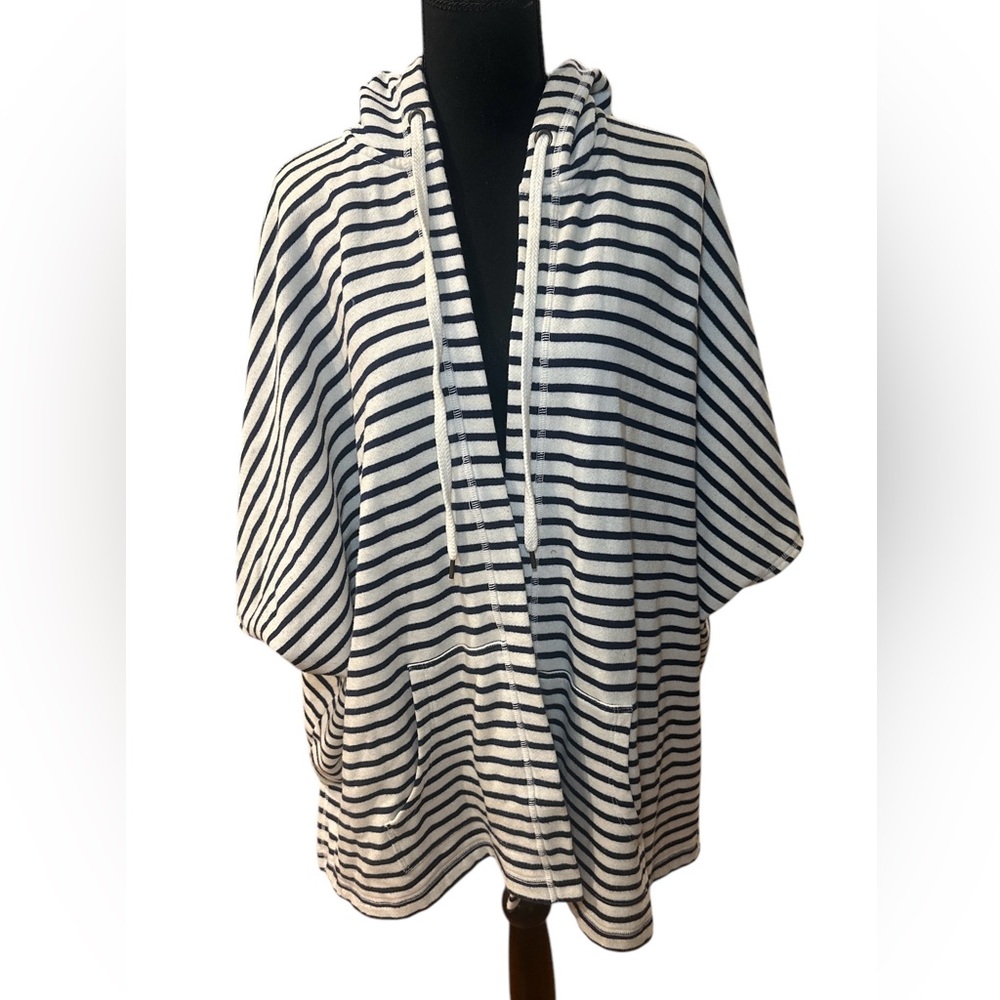 Aerie Hooded Sweater Poncho Oversized Nautical White Blue Stripes Size XS/S